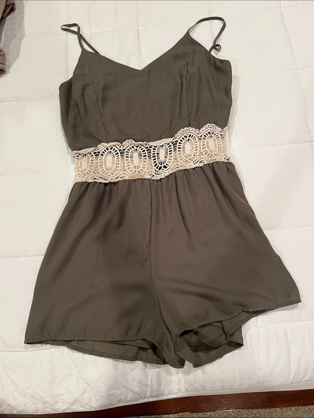 Rue21 Olive Romper with Cream Crochet Waist